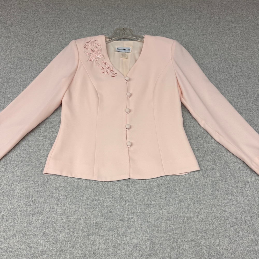 Karen Miller Blazer Jacket 10 Pink Floral Embroidery V-Neck Button Front Lined